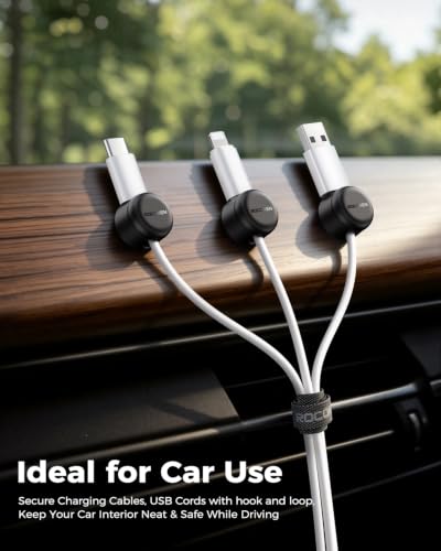 Rocoren 50‑Pack Rotatable Cable Clips & Cord Straps Cable Management Kit | 10 Magnetic Clips & 40 Reusable Hook and Loop Cord Straps, Cord Holder Accessories for Under Desk, Nightstand, Home & Office
