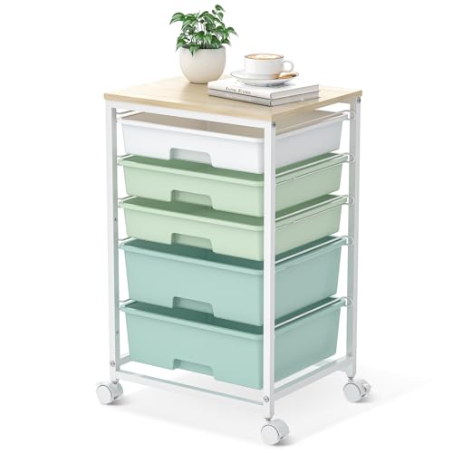 SYKIARIOL Rolling Cart with Drawers,5 Drawers Storage Cart,Light Green | 5-Tiers Utility Cart with Drawers with Lockable Wheels for Craft Organizers and Storage,Home Office,Classroom,Dorm,Playroom