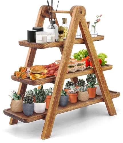 Wood 3 Tier Serving Tray Three Tiered Cupcake Stand, Rectangle Serving Platter Wooden Farmhouse Tiered Tray, Party Serving Brown Decorative Tray Decor