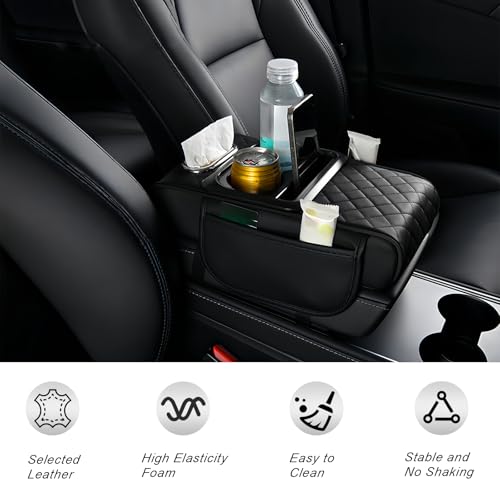 Upgraded 5 in 1 Car Center Console Cover, Leather Car Armrest Cushion with Side Storage Bags, Cup Holder, Tissue Box and Phone Stand, Universal Interior Accessory for Most Vehicles