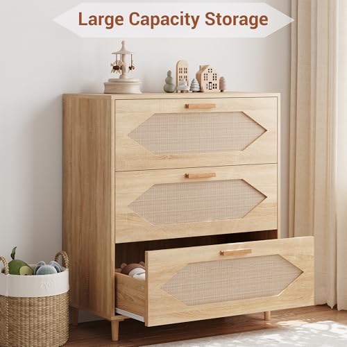 GAOMON 3 Drawer Dresser for Bedroom, 31.5 Inch Wide Rattan Modern Closet Dressers Chest of Drawers, Wood Oak Storage Chest for Kids Bedroom, Hallway, Living Room, Hallway, Natural