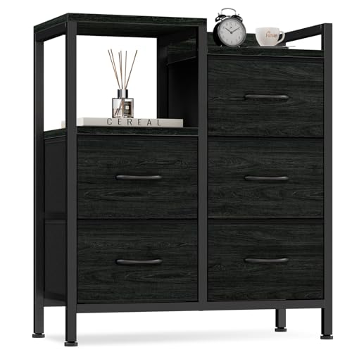 Black Dresser for Bedroom, 5 Drawer Small Fabric Closet Dresser | Small Chest of Drawers, Storage Cabinet Organizer with 2 Tier Shelf, Drawer Units with Metal Frame, Dresser for Dorm, Hallway