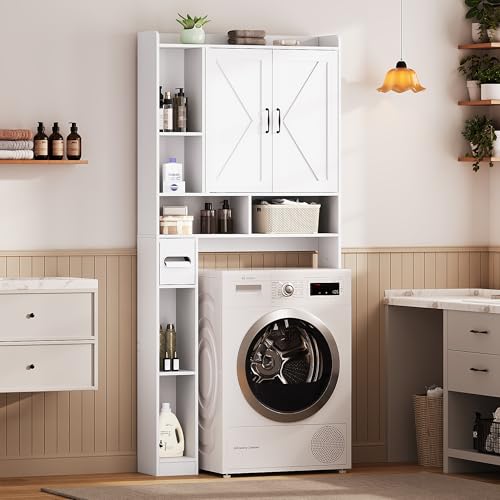 Over the Toilet Storage Cabinet, 31”W Bathroom Organizer | With Double Doors, Above Toilet Rack, Detachable Toilet Paper Holder for Bathroom & Laundry Room White