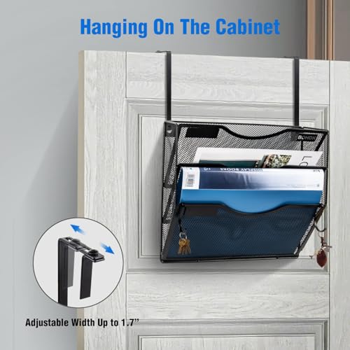 Wall File Organizer, 3 Tire Hanging File Folder Mail Organizer, Vertical Mesh Metal Door/Wall Mount Hanging File Holder, Paper Document Magazine Rack with Hooks for Home Office Black