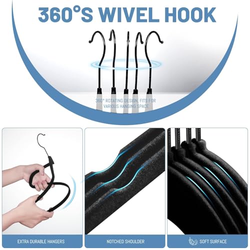HOUSE DAY Black Velvet Hangers 60 Pack, Non Slip Felt Hanger, Slim Velvet Clothes Hangers for Suits, Shirt, Heavy Duty Coat Hanger for Closet | Slim Velvet Clothes Hangers for Suits, Shirt, Heavy Duty Coat Hanger for Closet