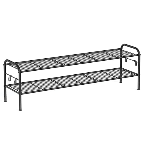 SONGMICS Shoe Rack, 2-Tier Shoe Organizer, Metal Shoe Shelf Storage with 4 Side Hooks, Holds 18 Pairs of Shoes, Height-Adjustable Shoe Rack for Entryway, Hallway, Closet, Ink Black ULMR121B01