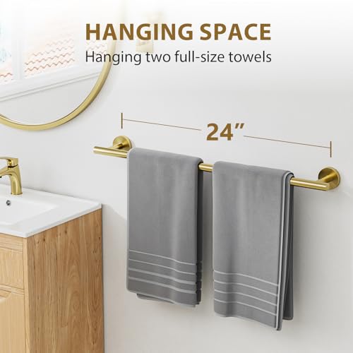 24 Inch Brushed Gold Towel Bar, Thicken, Total Length 26-Inch | Towel Rack for Bathroom Wall, SUS304 Stainless Steel Towel Rod, Modern Home Decor