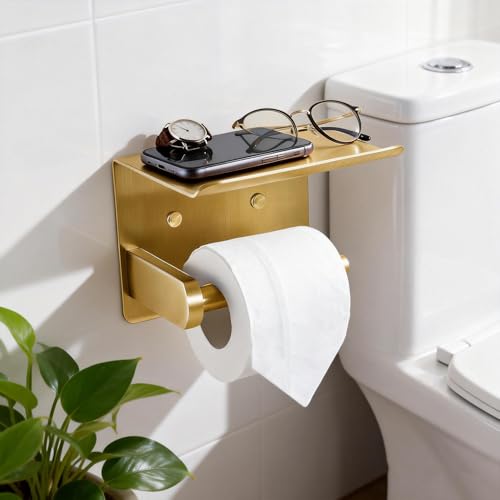 Toilet Paper Holder with Shelf, Heavy-Duty Stainless Steel Bathroom Hardware, Self-Adhesive No-Drill/Drill-Mount Wall-Mounted Roll Holder, Rust-Proof Bathroom Tissue Rack (Gold)