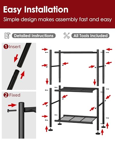 2-Pack Storage Shelves - 3-Tier Metal Wire Shelf Organizer, Slim Shelf Rack with Adjustable Feet for Laundry Room, Kitchen, Garage Organization, 18.2" x 12.3" x 30.4", Black