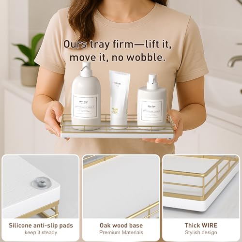 Bathroom Tray for Counter Top Organizer, Oak Wood Vanity Tray | Metal Frame for Dresser, Kitchen & Nightstand, Gold & White Decorative Storage