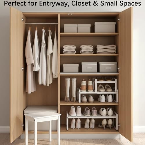 2-Pack Expandable Shoe Rack, Closet Organizer, 7" High, 15"-24" | Set of 2 1-Tier Metal Shelves; Adjustable Width Design; Compact Heavy-Duty Storage for Entryway, Bedroom & Small Spaces