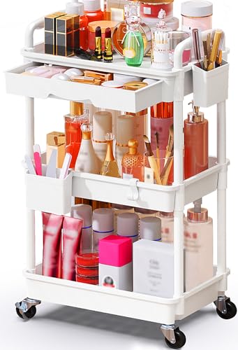 SUNALLY Makeup Cart Organizer with Drawer,3 Tier Rolling Makeup Cart, White | Rolling Vanity Storage for Skin Care Perfume Nail Polish, Floor Skincare Organizers Cosmetics Display Bathroom Storage Cart