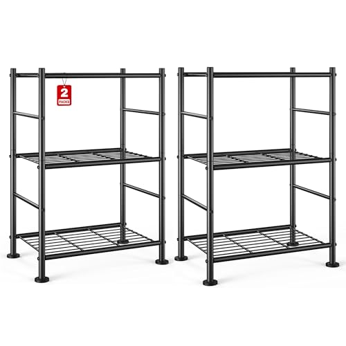 Sakugi 2-Pack Storage Shelves - 3-Tier Metal Wire Shelf Organizer, Slim Shelf Rack with Adjustable Feet for Laundry Room, Kitchen, Garage Organization, 18.2" x 12.3" x 30.4", Black