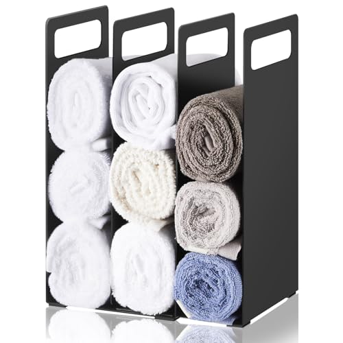 Set of 2 Towel Organizer for Closet Shelf, Interlocking Metal Towel Storage Organizer for Bathroom, Storage Rack with Divider for Linen Closet, Cabinet and Home Organization (Black)
