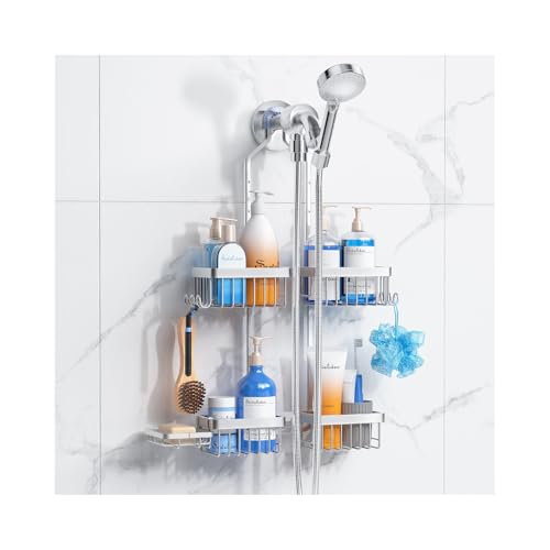 Sewulidon Aluminum Alloy Hanging Shower Caddy for Handheld Shower Heads,Rustproof Hose Shower Organizer 4 Levels Height Adjustable Shower Rack with Hooks,Razor Holder,Soap Holder