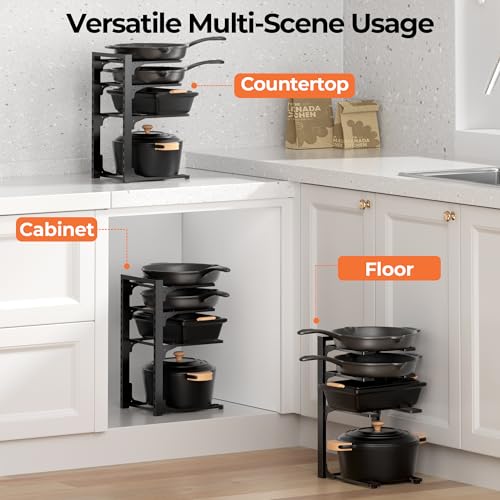MUDEELA Pot and Pan Organizer Under Cabinet 15.75", 4-Tier Pot Rack, 1 Pack | Adjustable Tier, Tool-Free Assembly, Max 88 Lbs, Fits Cast Iron Pans, Skillets & Heavy Shallow Cookware, For Kitchen Cabinets