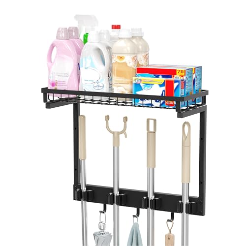 XLP Heavy Duty Broom Holder Wall Mount, All-Metal Cleaning Supplies Organizer & Mop Holder, Space Saving Wall Hanging Rack with Hooks for Home, Garage, Laundry Room - Black