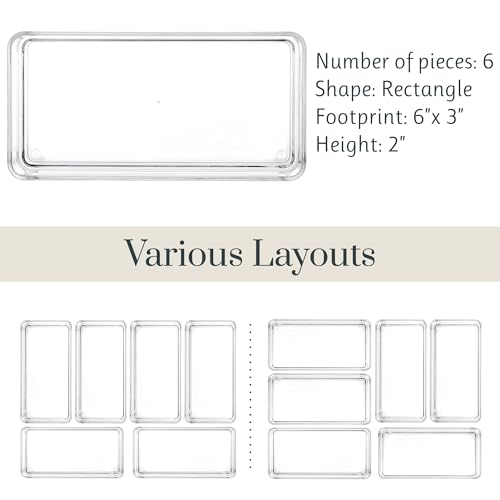 STORi SimpleSort 6-Piece Stackable Clear Drawer Organizer Set | 6" x 3" x 2" Rectangle Trays | Small Makeup Vanity Storage Bins and Office Desk Drawer Dividers | Made in USA