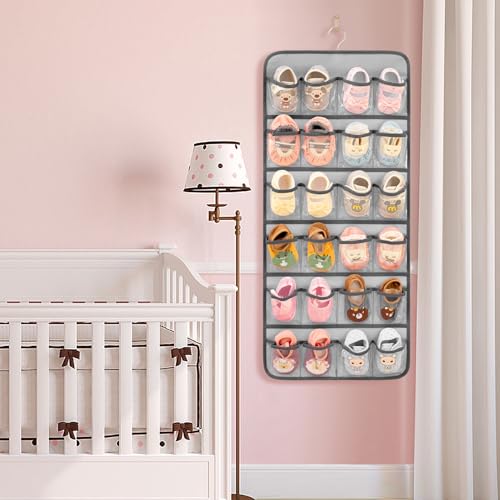 Dual-sided Baby Shoe Organizer Closet Hanging Toddler Shoes Storage for Kids Bow Socks Underwear Holder with 48 Clear Pockets (Grey)