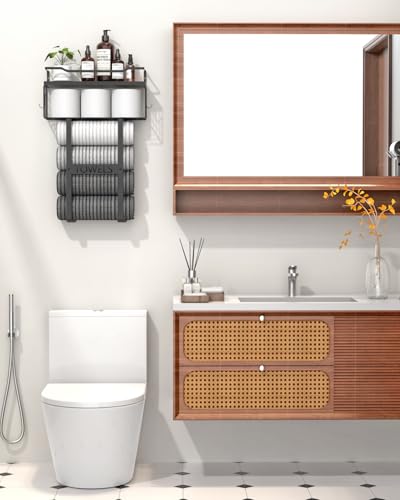 Aetyord Towel Racks for Bathroom Wall Mounted Towel Storage Organize | Towel Storage with Wood Shelf & Metal Basket,Fit for Small Bathroom,Camper,Rv,All Black