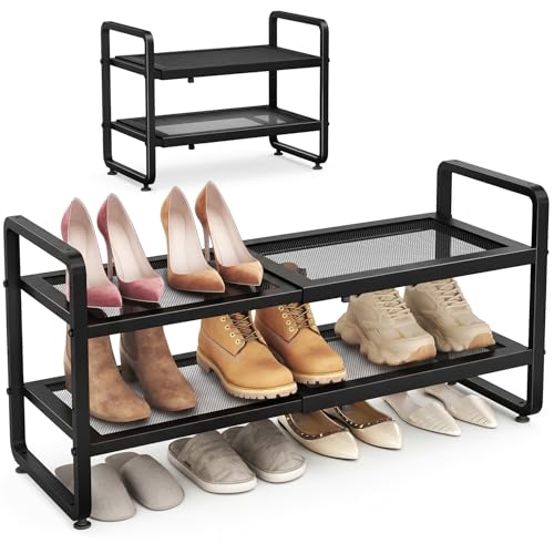 SAYZH Expandable Shoe Rack for Closet, Adjustable Metal Shoe Organizer with Sturdy Mesh Shelves for Boots & Heels, Stackable Shoe Storage for Entryway, Garage, Small Spaces (Black, 2-Tier)
