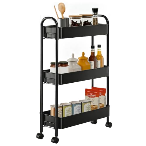 Slim Rolling Cart, Metal Frame Utility Rolling 3-Tier Narrow Storage Cart | Kitchen Storage Organizer, Mobile Shelving Unit for Bathroom Kitchen