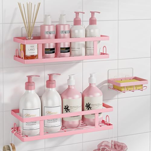 Youvip Pink Shower Caddy, 3 Pack | Shower Shelves, Stronger Adhesive, Soap Holder and 12 Hooks, No Drilling, Bathroom Organizer and Storage