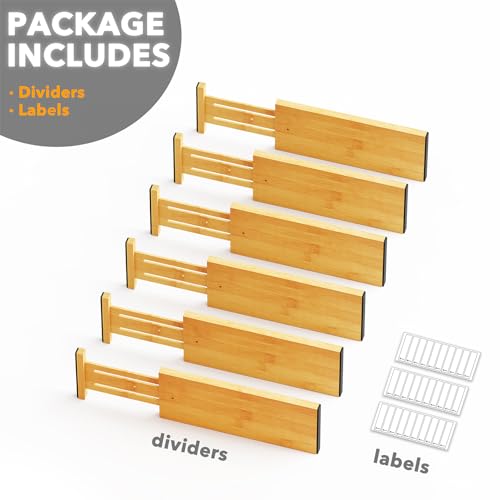 SpaceAid Bamboo Dresser Drawer Dividers 6 Pack, 4.65“ High Adjustable 12.5“-17” Drawer Organizers, Expandable Organization for Clothing, Clothes, Dressers, Natural