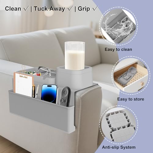 Couch Cup Holder Tray - Silicone Sofa Armrest Organizer Slate Gray | couch caddy with side pockets for drinks, phone, remote; sofa arm chair table arm chair caddy for recliner armrest organizer