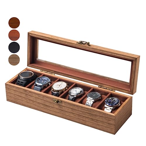Watch Box for Men and Women - Large Glass Lid, Woo... (6 Count | Retro Burlywood | Wood)