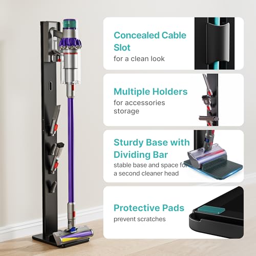 Vacuum Cleaner Stand, Compatible with Dyson Gen5 V15, with 4 Hooks | for V12 V11 V10 V9 V8 V7 V6, Floor Cordless Vacuum Accessory Holder, Attachment Organizer, Black
