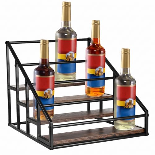 YQBRAO 4-Tier Coffee Syrup Organizer, 16-Bottle Rack, Rustic Brown | Holds up to 16 bottles with stepped visibility; rustic wood and metal design for syrups, kitchens, and home coffee bars.