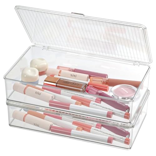 ZEXALOR Pack of 2 Clear Storage Bins with Lids, Small Storage Containers Boxes with Lids, Dresser Organizer, Tea Bag Organizer, Freezer Bin, Plastic Drawer Organizers (10.6×6.1×2.3“)