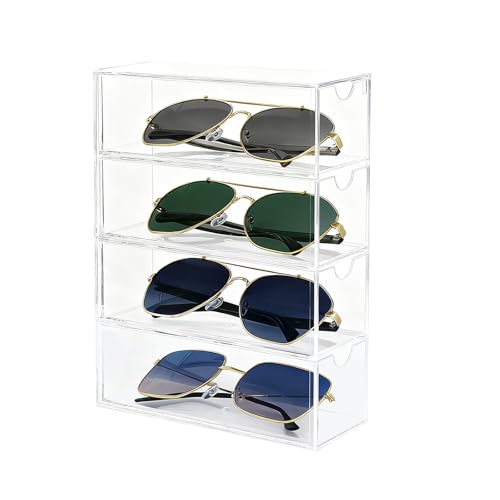 Acrylic Sunglasses Organizer with 4 Drawers | Clear Eyeglass Holder, Eyewear Display Case, Stackable Sunglass Storage Case For Women and Men Glasses Jewelry Watch Storage