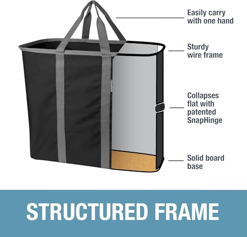 CleverMade Collapsible Laundry Caddy, 64L, 2 Pack, Black Gray | A reinforced rim and base keep it upright for loading. Comfortable handles move up to 2 full loads, then it folds flat.