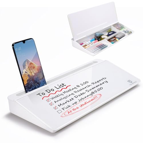Small Desktop Whiteboard -Glass Dry Erase Board Computer Keyboard Stand White Board Surface Pad with Drawer, Desk Organizers with Accessories for Office, Home, School Supplies - White