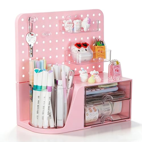 Desk Organizer with 2 Drawer, Pink 360° Rotating P... (Pink | Plastic)