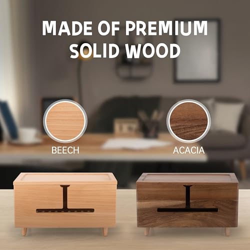 Brown Wood Large Cable Management Box for Power Strip and Cord Hideaway | Large solid wood cable box fits 13" power strips, detachable legs, air vents, child-safe lid, tool-free, hides 6-8 cords.