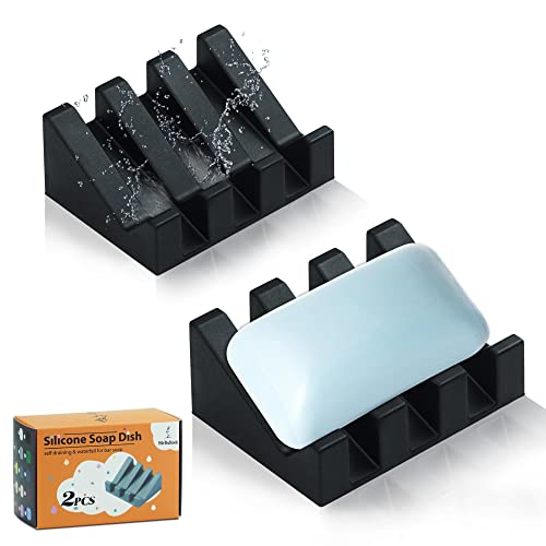 Self Draining Silicone Soap Dish Holder Waterfall Tray, 2 Pack Black | Waterfall design drains fast to keep soap dry, non-slip silicone base anti slide, soap saver for bathroom & kitchen