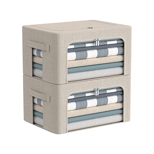 Clothes Storage Bins Box - Linen Fabric Foldable S... (2 Count | Beige | Linen, Metal)