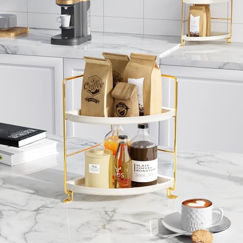 2-Tier Corner Bathroom Counter Organizer, Tool-Less Installation Vanity Shelf Small Plastics Countertop Makeup Tray Skincare Perfume Organizers (Gold)