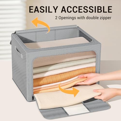 Clothes Storage Bins with Metal Frame, Foldable Clothes Organizers Storage Containers for Clothes, Sheets, Blankets, Pillows and Towels (66L, 3 Pack, Deep Grey