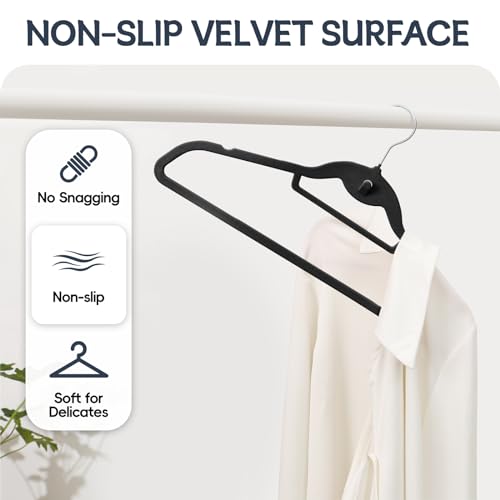 Velvet Stackable Hangers 50 Pack Space Saving Cascading Hook Black | Ultra Thin, Non Slip Felt, Heavy Duty With 360° Swivel Hook, Shoulder Notches, for Suit Shirt Pant Dress Coat