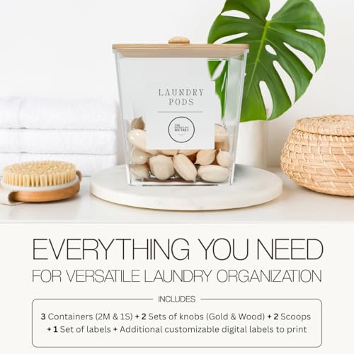 3 Pack Acrylic Laundry Room Organization Containers with Gold & Wood Knobs – Laundry Pods Container & Detergent Organizer Set | Clear Laundry Jars | Scoops & Customizable Labels | Storage Canisters