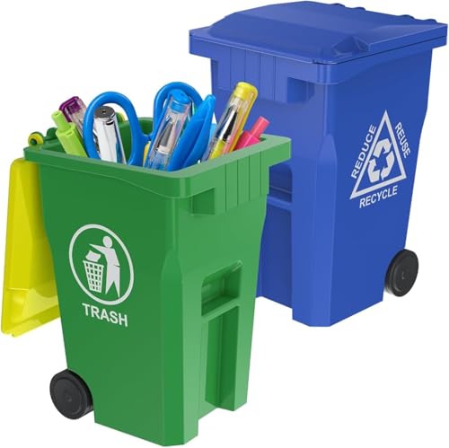 Mini Trash Can/Recycle Bin Pencil Holder for Desks... (2 Count | Blue-Green | Plastic)