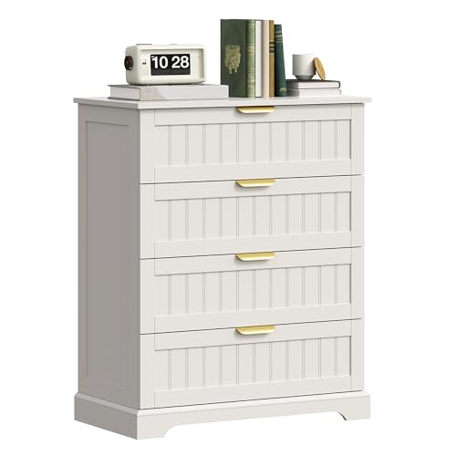 4 Drawer Dresser for Bedroom, Modern Farmhouse Woo... (White | Engineered Wood)