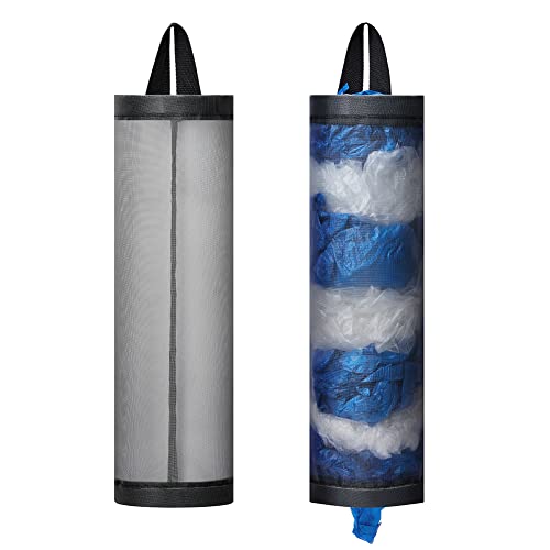 Bag Holder for Plastic Bags, 2 Pcs Polyester Grocery Bag Holder Plastic Dispenser Foldable Breathable Washable Hanging Mesh Garbage Bag Organizer for Kitchen Plastic Bag Storage (Gray)