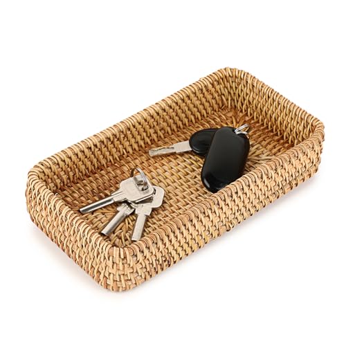 Hipiwe Key Basket for Entryway Table Small Natural Rattan Serving Tray | Wicker Storage Trays for Home Decor, Fruit Bowl Decorative Baskets for Kitchen, Coffee Table