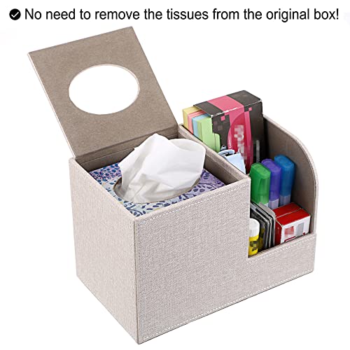 Sumnacon Square Linen Tissue Box Cover - Decorative Cube Tissue Box Holder with Side Organizer, Modern Tissue Box for Living Room Vanity Night Stand Table Countertop Office, Beige