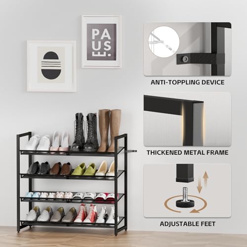 Metal Shoe Rack for Closet,entryway, 4-Tier Shoe Organizer, Adjustable Flat or Angled Shelves, Holds up to 20 Pairs Shoes, Black